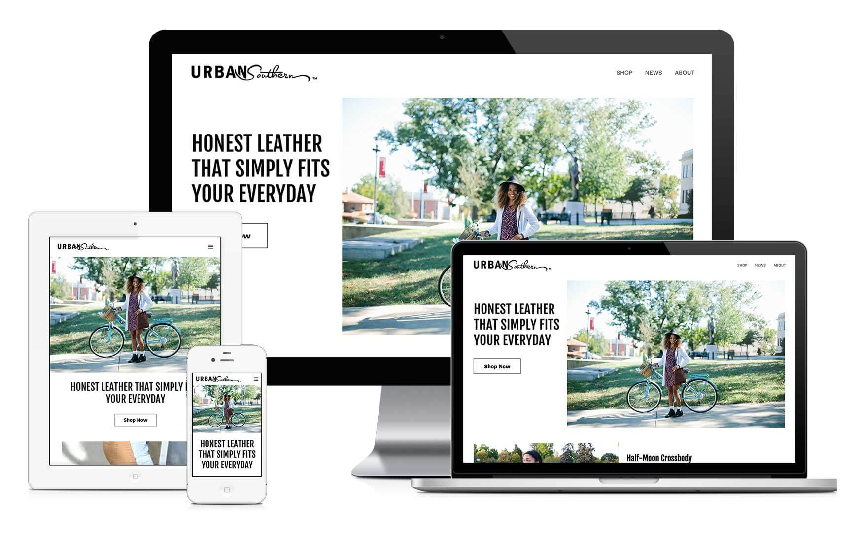 The Urban Southern WooCommerce build across desktop, tablet, and mobile